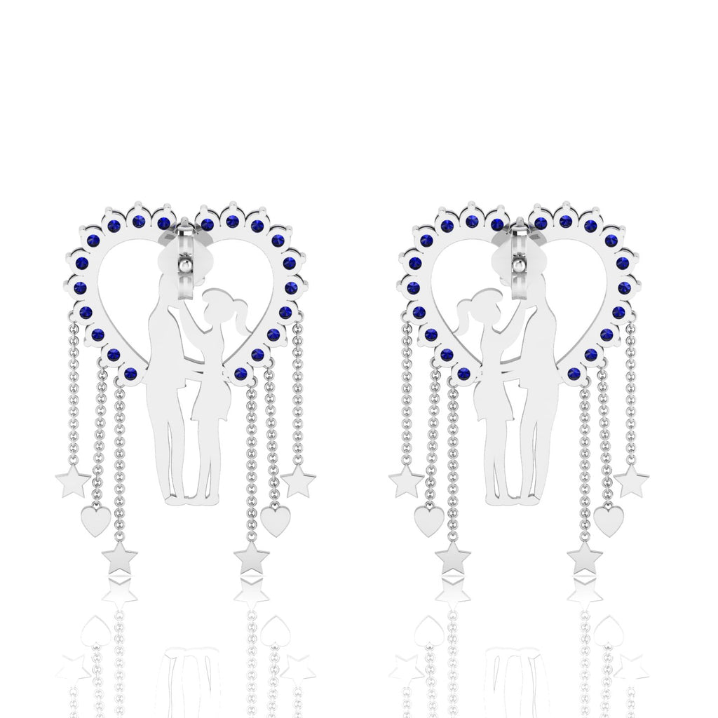 Couple Heart Blue Sapphire Hanging Sterling Silver Earrings