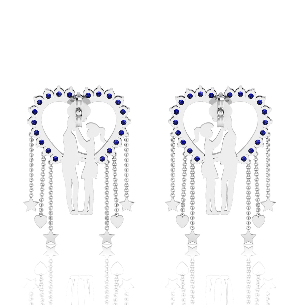 Couple Heart Blue Sapphire Hanging Sterling Silver Earrings