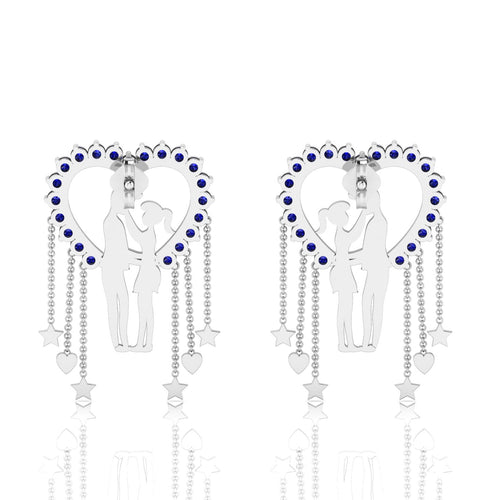 Couple Heart Blue Sapphire Hanging Sterling Silver Earrings