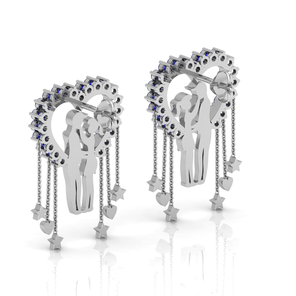Couple Heart Blue Sapphire Hanging Sterling Silver Earrings