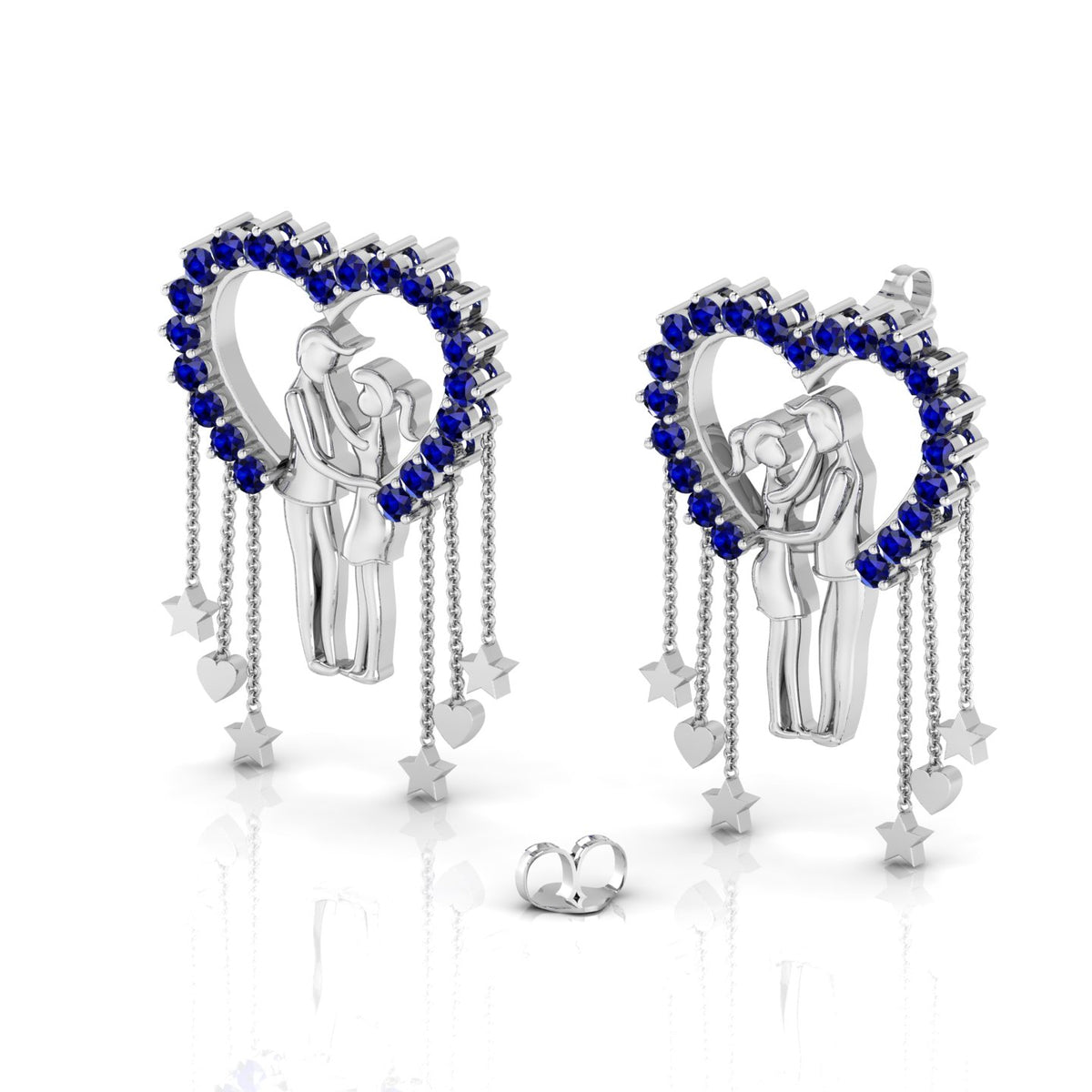 Couple Heart Blue Sapphire Hanging Sterling Silver Earrings