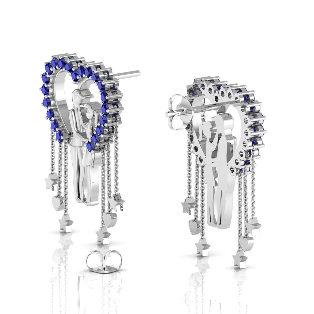 Couple Heart Blue Sapphire Hanging Sterling Silver Earrings
