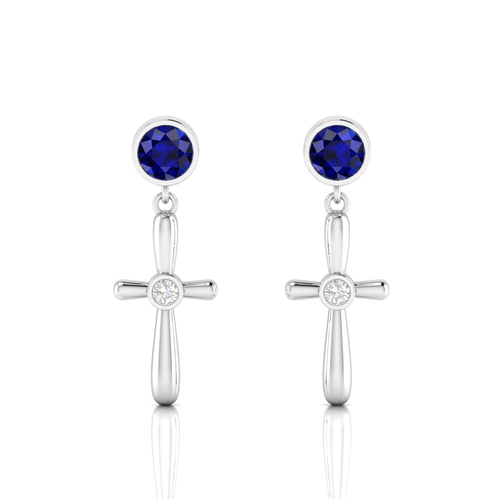 Sterling Silver Blue Sapphire Cross Drops & Danglers Earrings