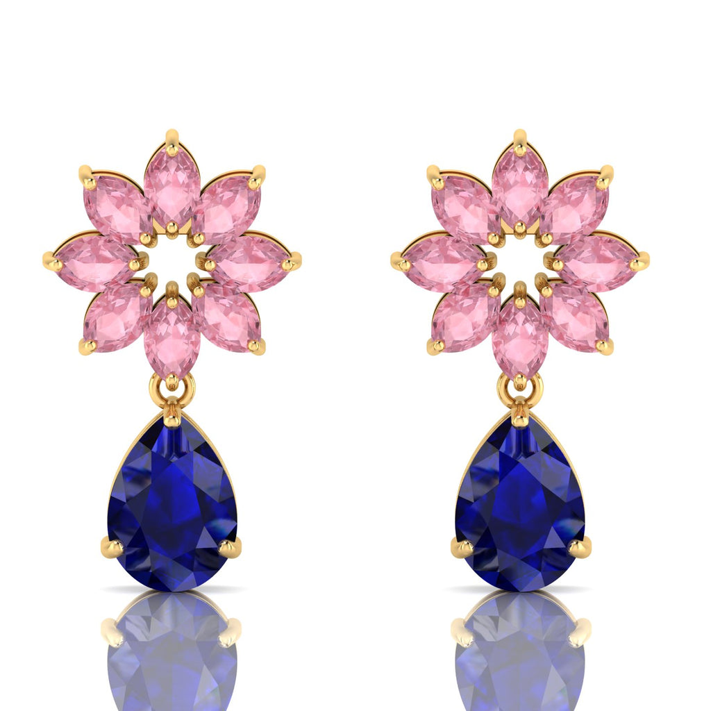 Gold Plated Blue Sapphire & Morganite Flower Teardrops Earrings