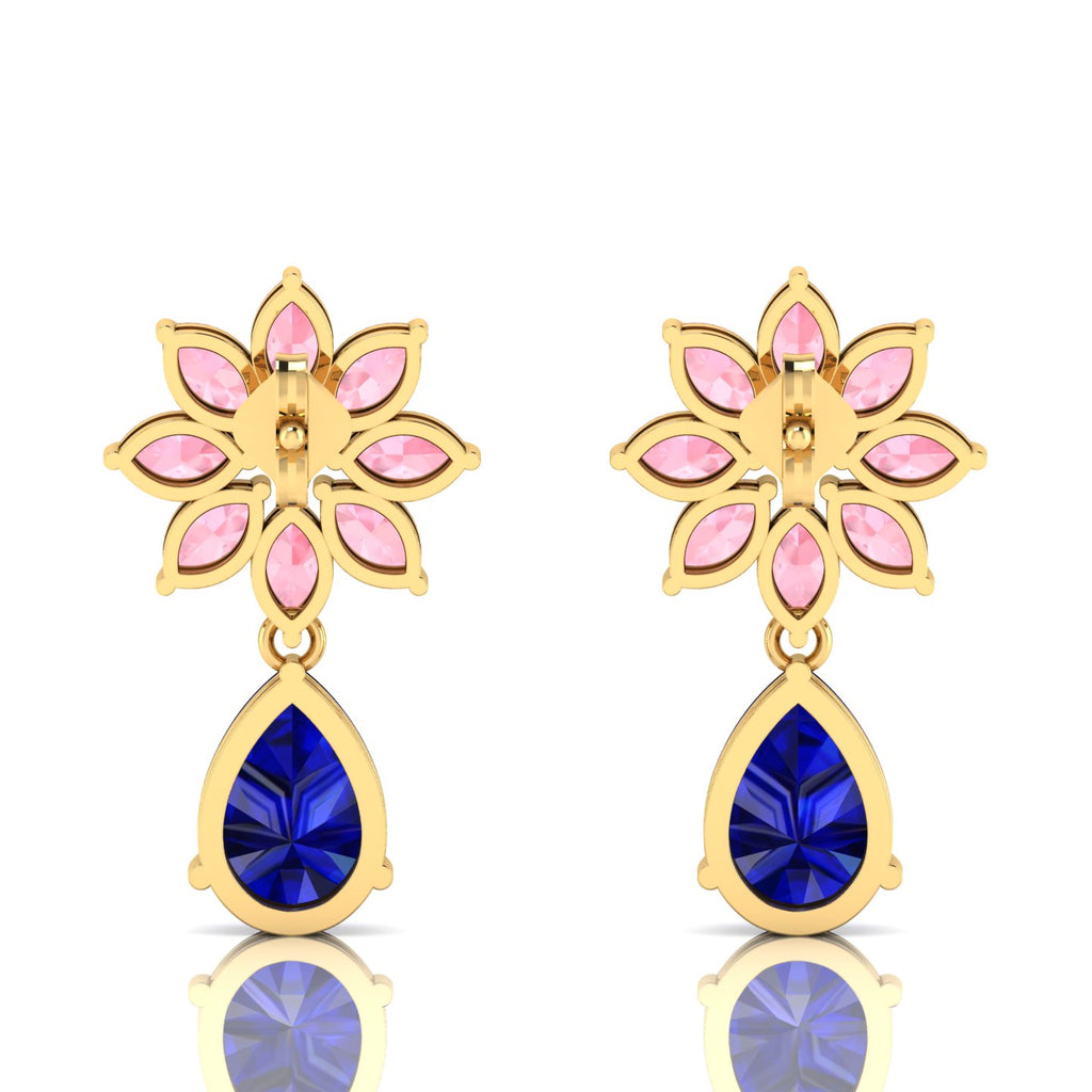 Gold Plated Blue Sapphire & Morganite Flower Teardrops Earrings