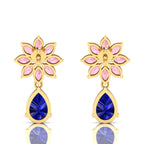Gold Plated Blue Sapphire & Morganite Flower Teardrops Earrings