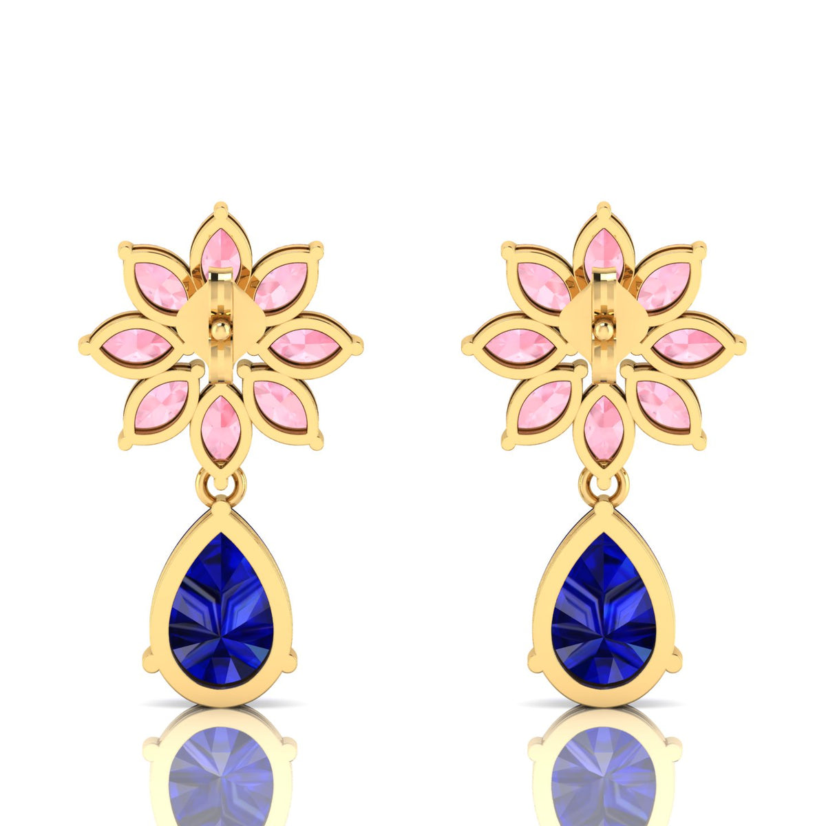 Gold Plated Blue Sapphire & Morganite Flower Teardrops Earrings