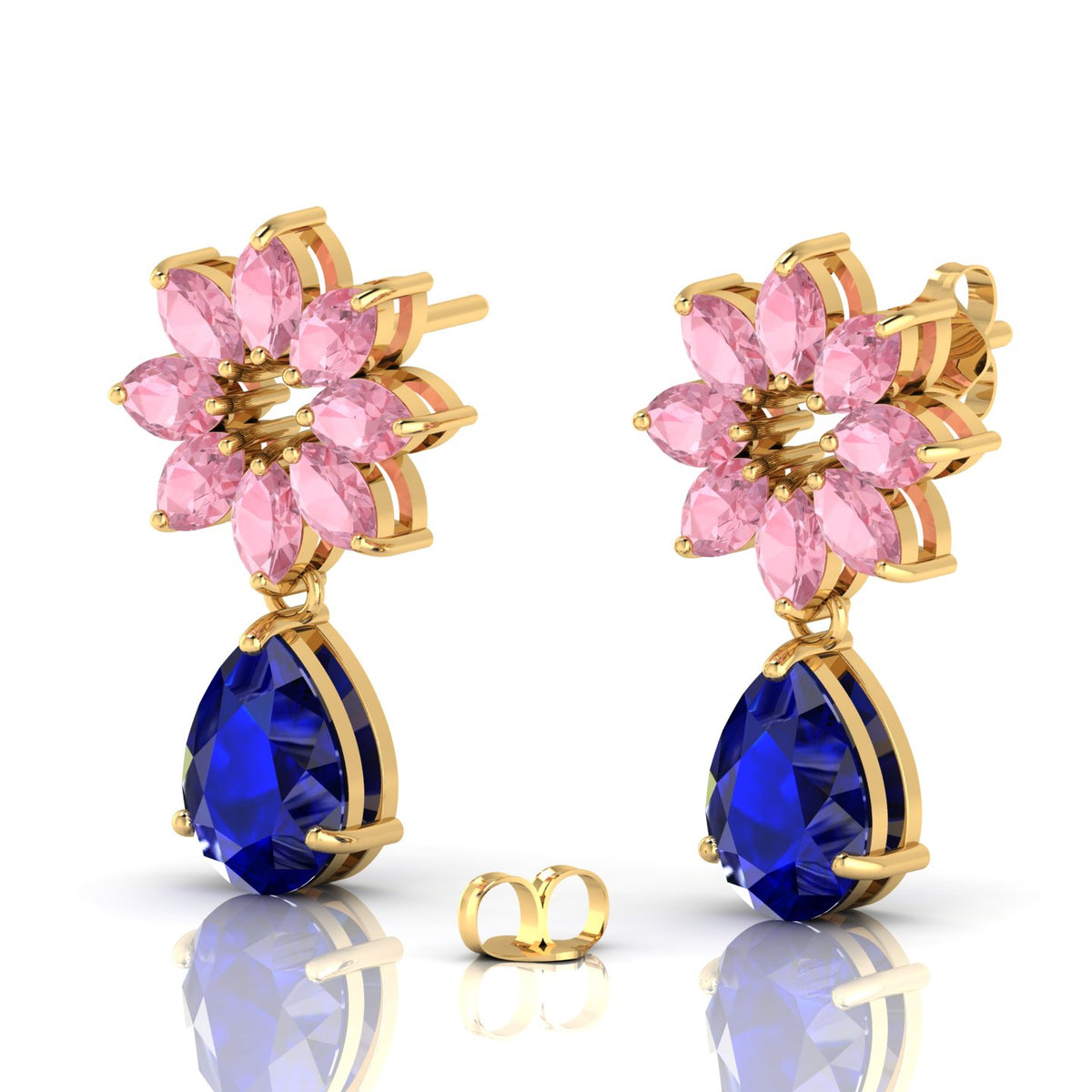 Gold Plated Blue Sapphire & Morganite Flower Teardrops Earrings