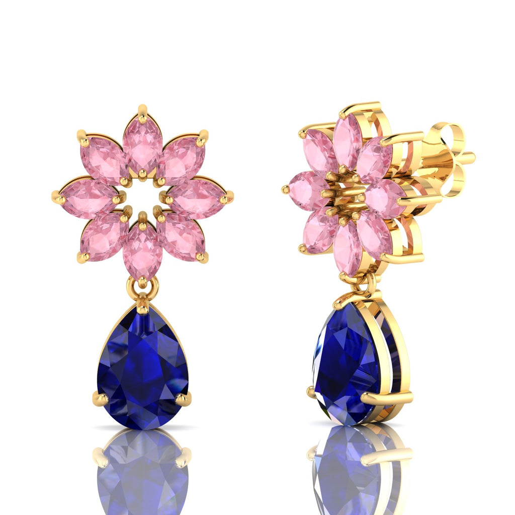Gold Plated Blue Sapphire & Morganite Flower Teardrops Earrings