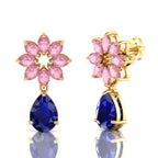 Gold Plated Blue Sapphire & Morganite Flower Teardrops Earrings