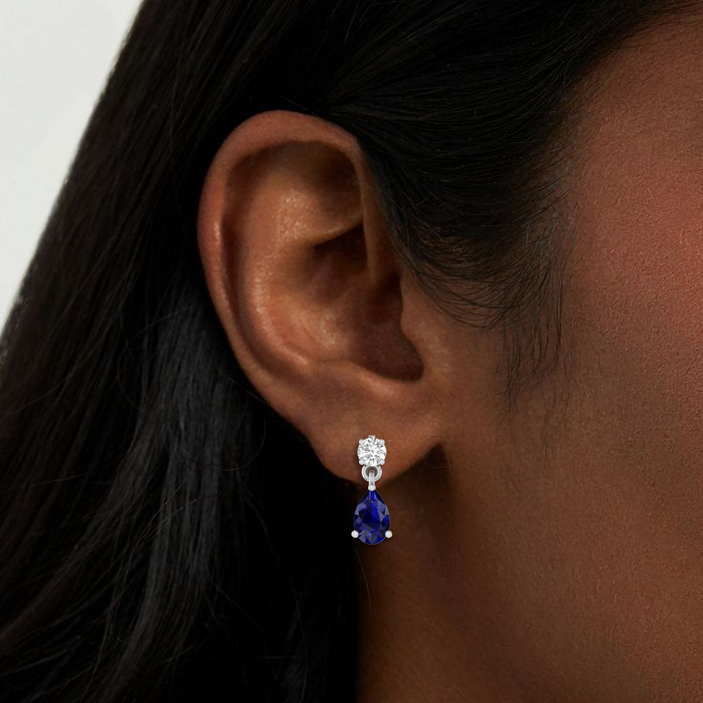 Pear Blue Sapphire Silver Drop Earrings