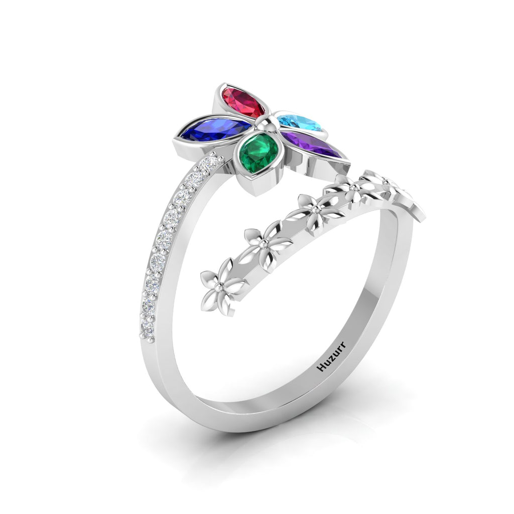 Multicolor Stone Floral Cocktail Silver Adjustable Ring