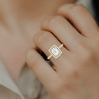 Emerald Cut Diamond Halo Solitaire Gold Plated Ring