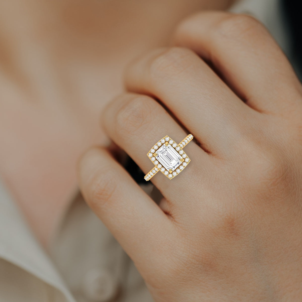 Emerald Cut Diamond Halo Solitaire Gold Plated Ring