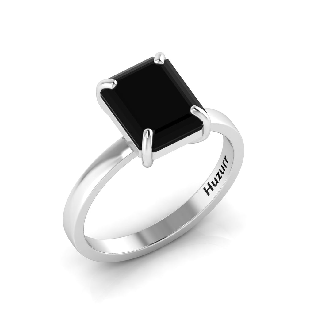 Emerald-Cut Black Diamond Solitaire 925 Silver Ring