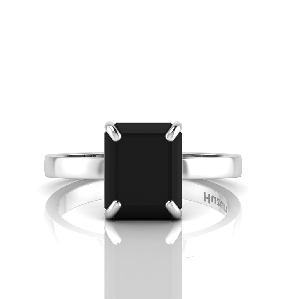 Emerald-Cut Black Diamond Solitaire 925 Silver Ring