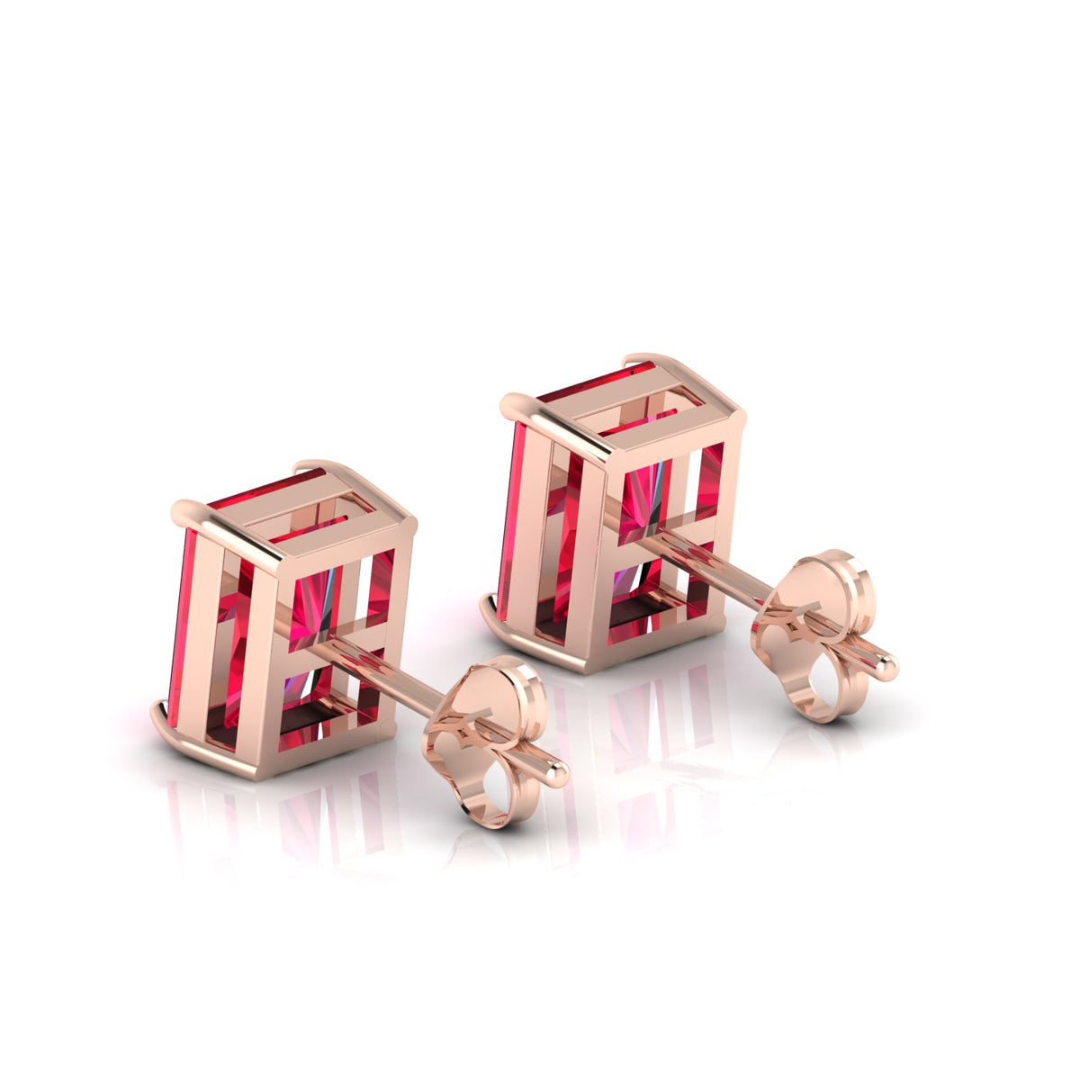 Emerald-Cut Ruby Solitaire Rose Gold Plated Stud Earrings
