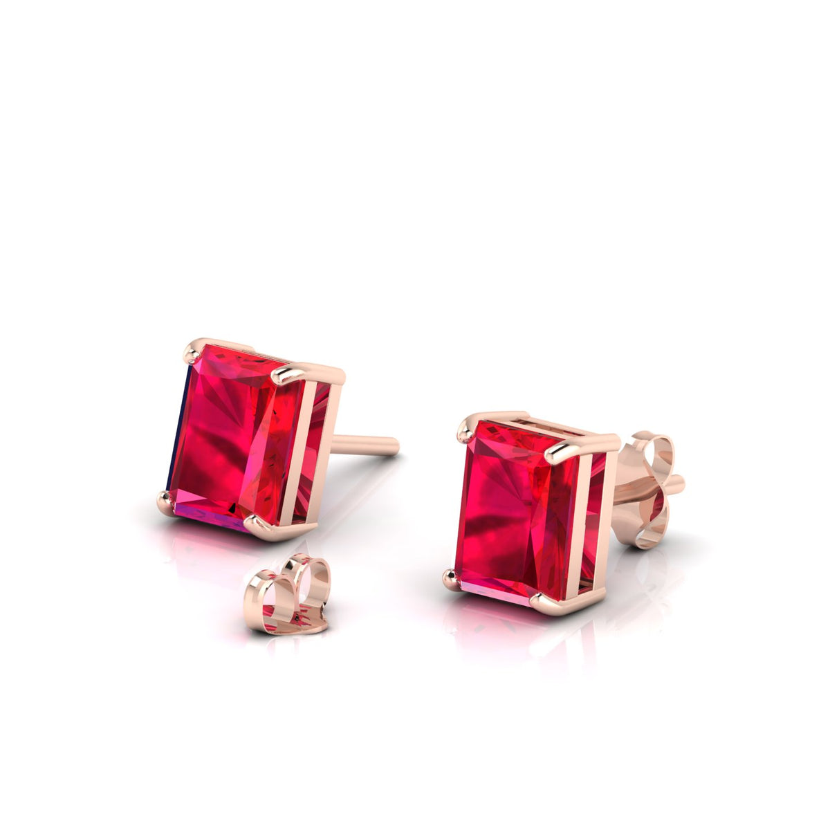 Emerald-Cut Ruby Solitaire Rose Gold Plated Stud Earrings