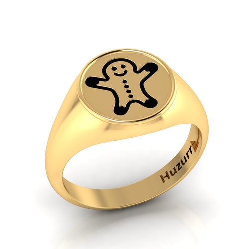 Black Enamel Gingerbread Man Engraved Gold Plated Classic Signet Ring