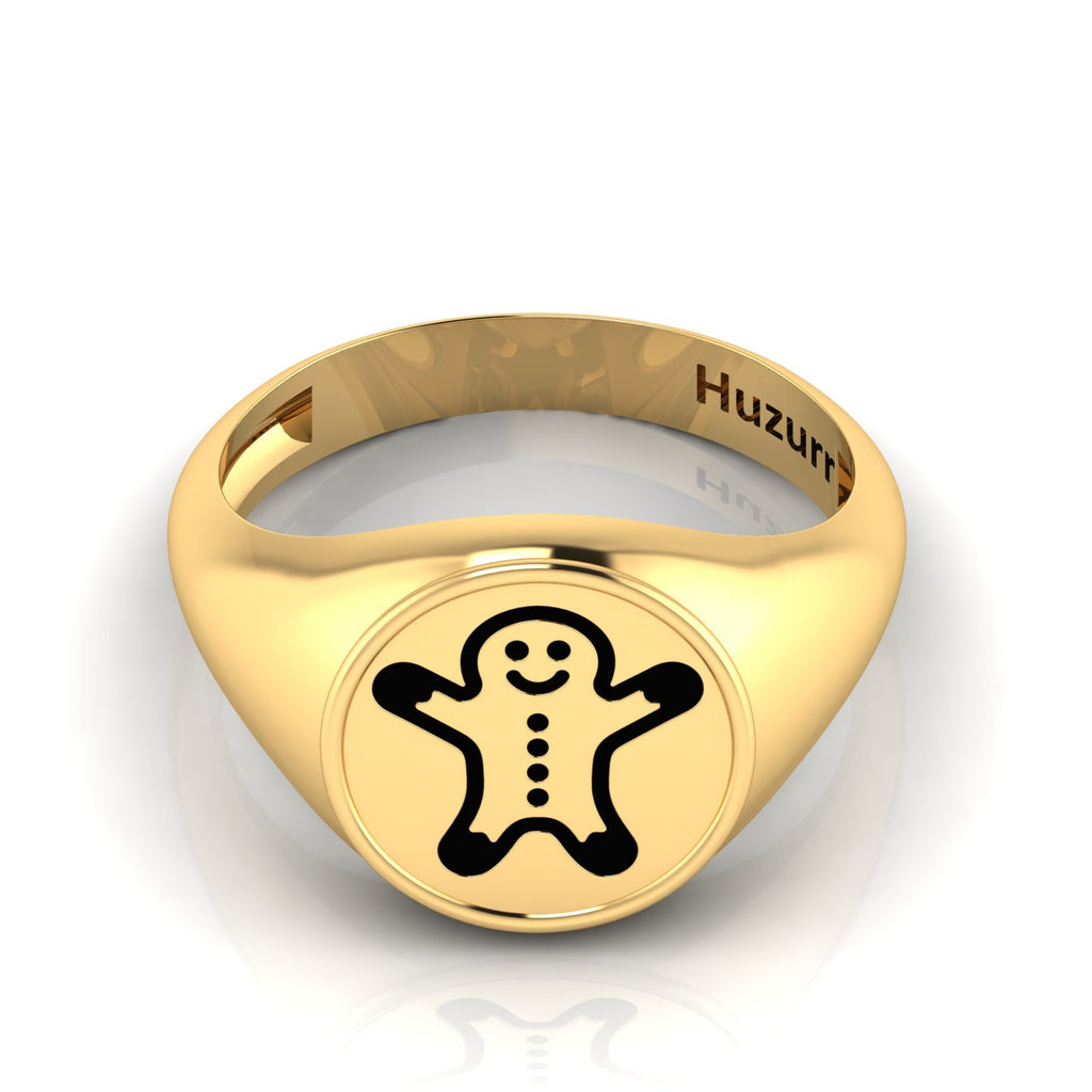 Black Enamel Gingerbread Man Engraved Gold Plated Classic Signet Ring