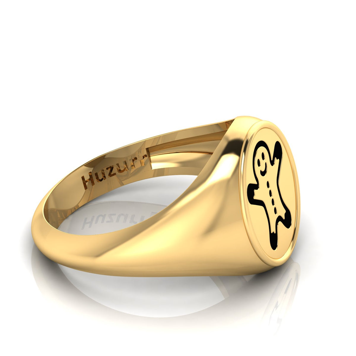 Black Enamel Gingerbread Man Engraved Gold Plated Classic Signet Ring