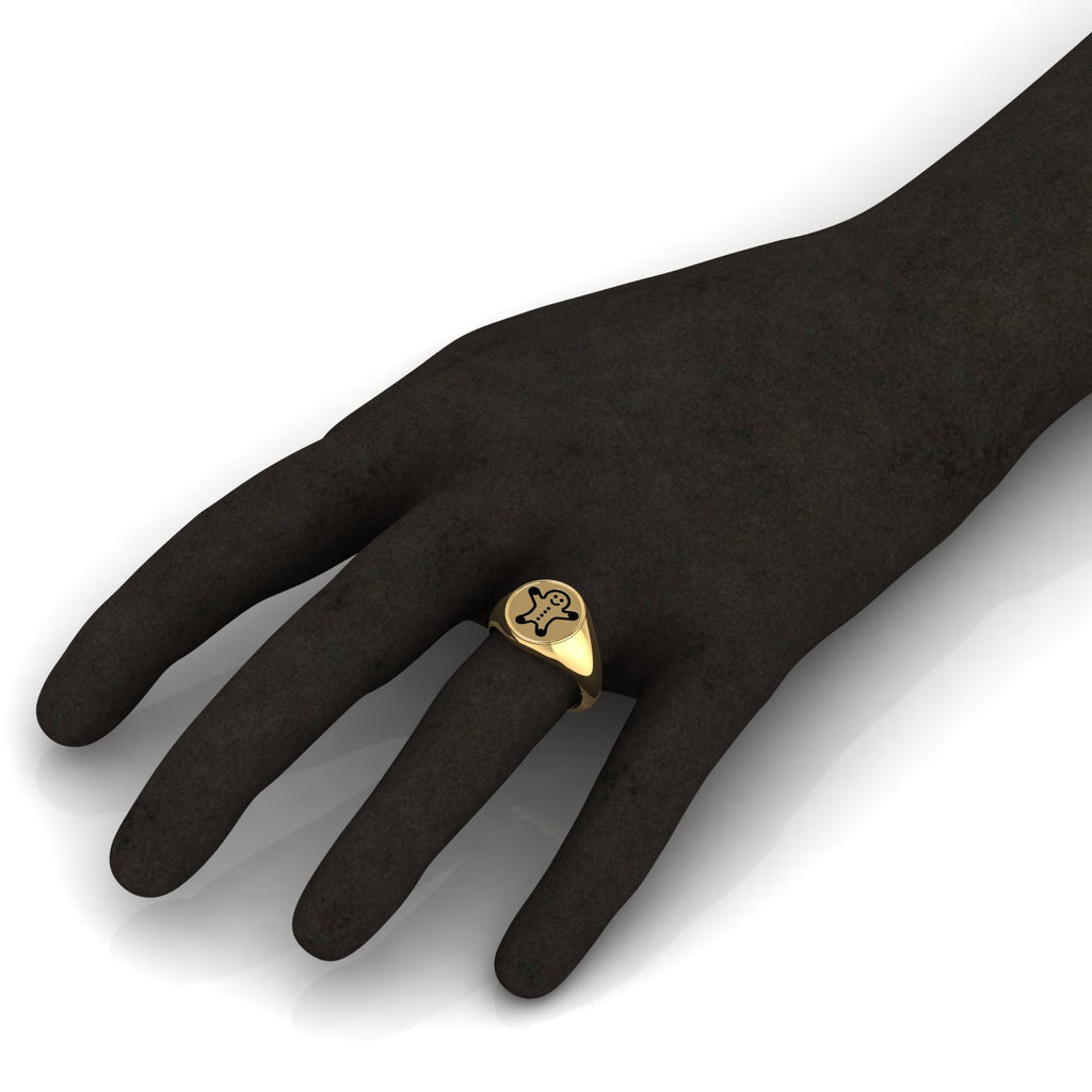 Black Enamel Gingerbread Man Engraved Gold Plated Classic Signet Ring