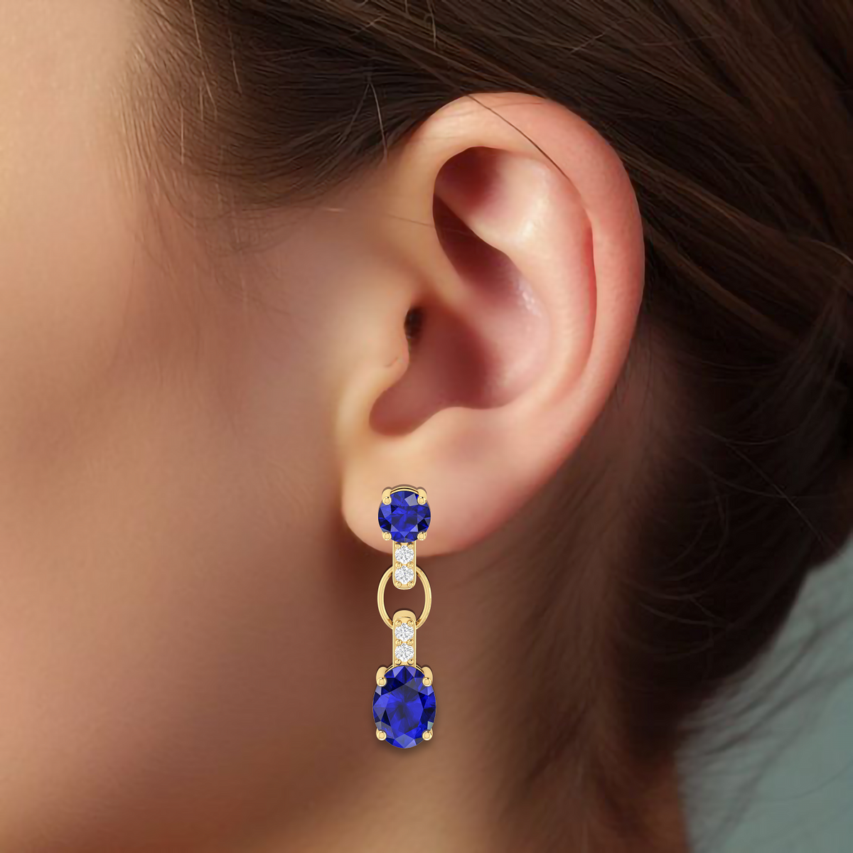 Sparkling Round & Oval Blue Sapphire Dangle Drop Earrings