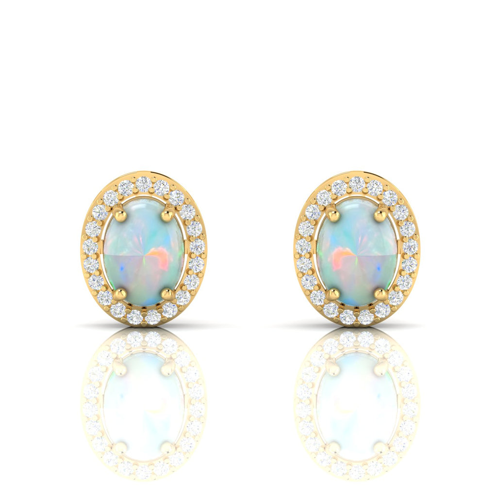 Gold Plated Oval Opal & Diamond Halo Stud Earrings