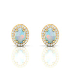 Gold Plated Oval Opal & Diamond Halo Stud Earrings