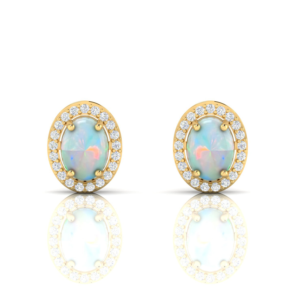 Gold Plated Oval Opal & Diamond Halo Stud Earrings