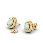 Gold Plated Oval Opal & Diamond Halo Stud Earrings