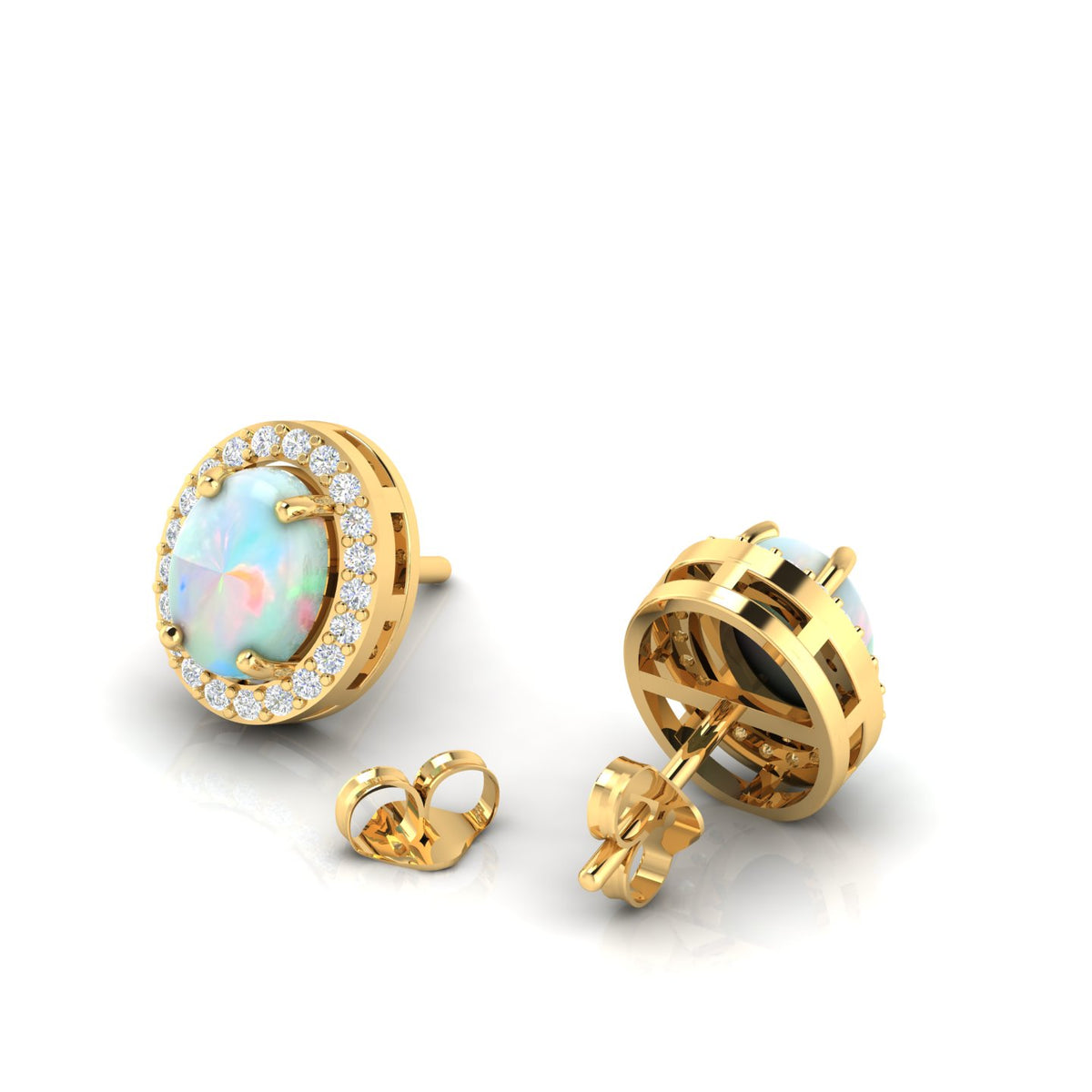 Gold Plated Oval Opal & Diamond Halo Stud Earrings