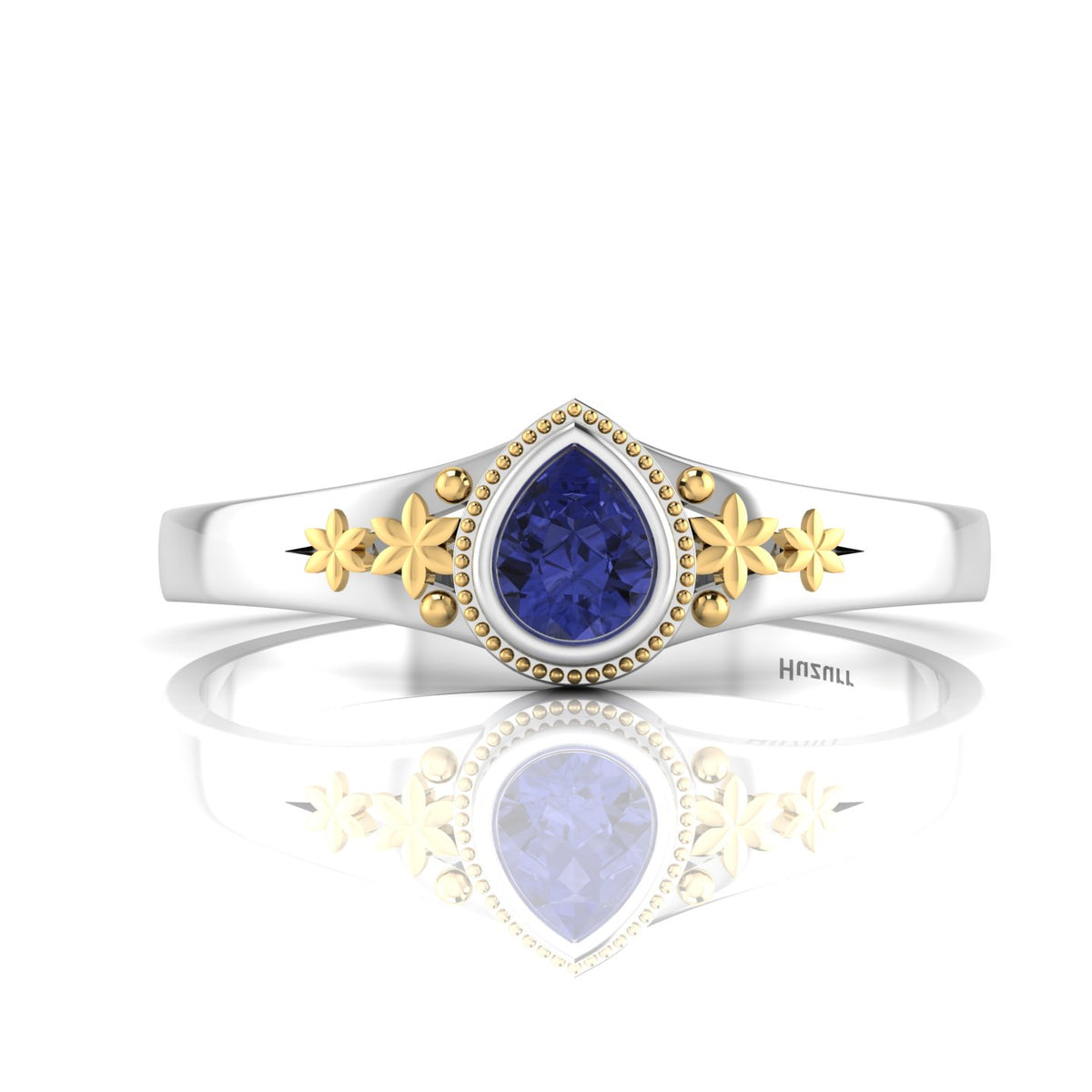 Tear Drop Style Tanzanite Flower Two Tone Gold Plated Solitaire Ring