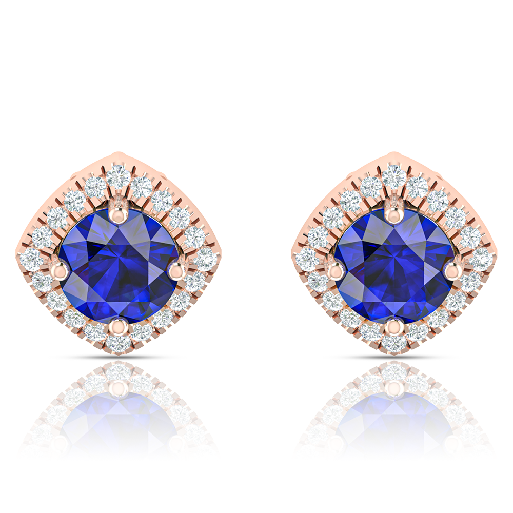 Rose Gold Plated Round Blue Sapphire Stud Earrings