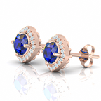 Rose Gold Plated Round Blue Sapphire Stud Earrings
