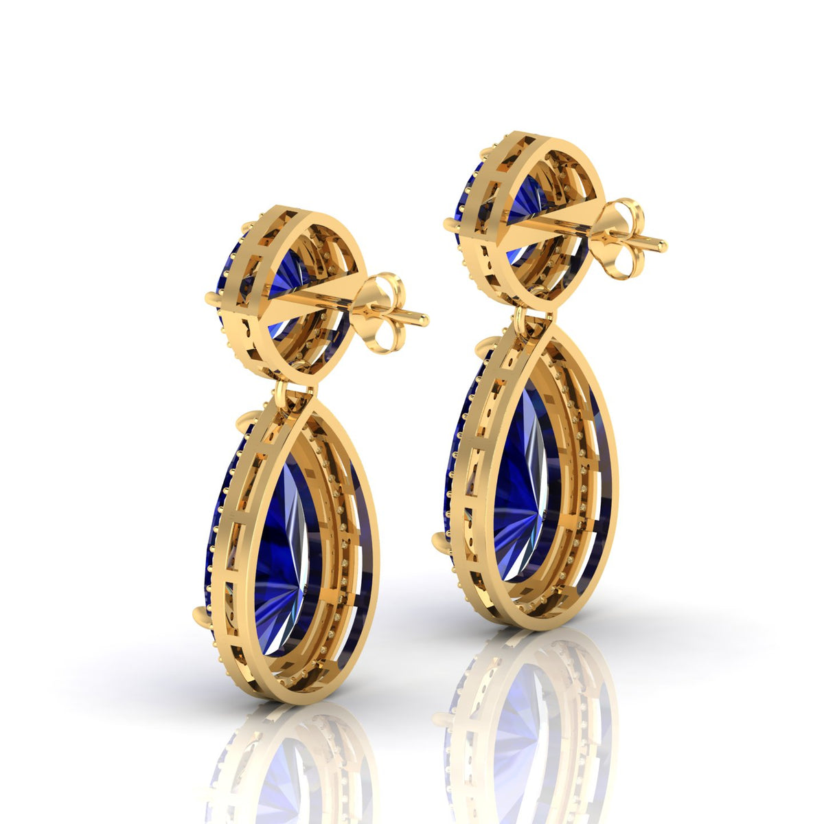 Tear Drop Gold Plated Dangle Blue Sapphire Earrings