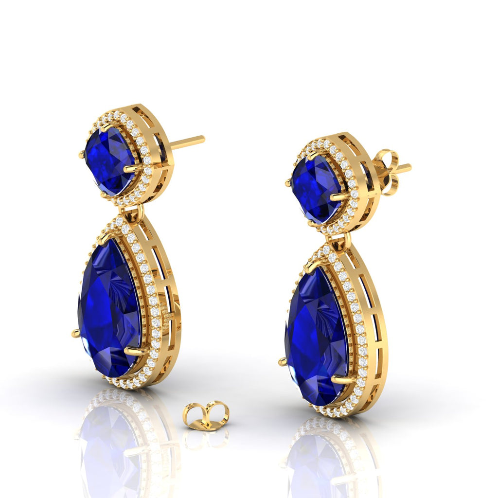 Tear Drop Gold Plated Dangle Blue Sapphire Earrings