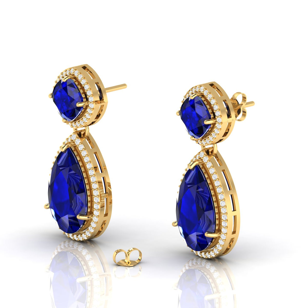 Tear Drop Gold Plated Dangle Blue Sapphire Earrings