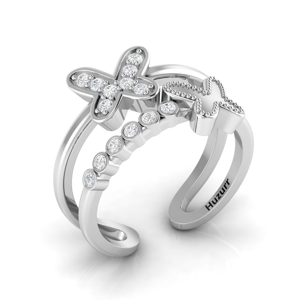 Silver Diamond Double Band Butterfly Adjustable Ring