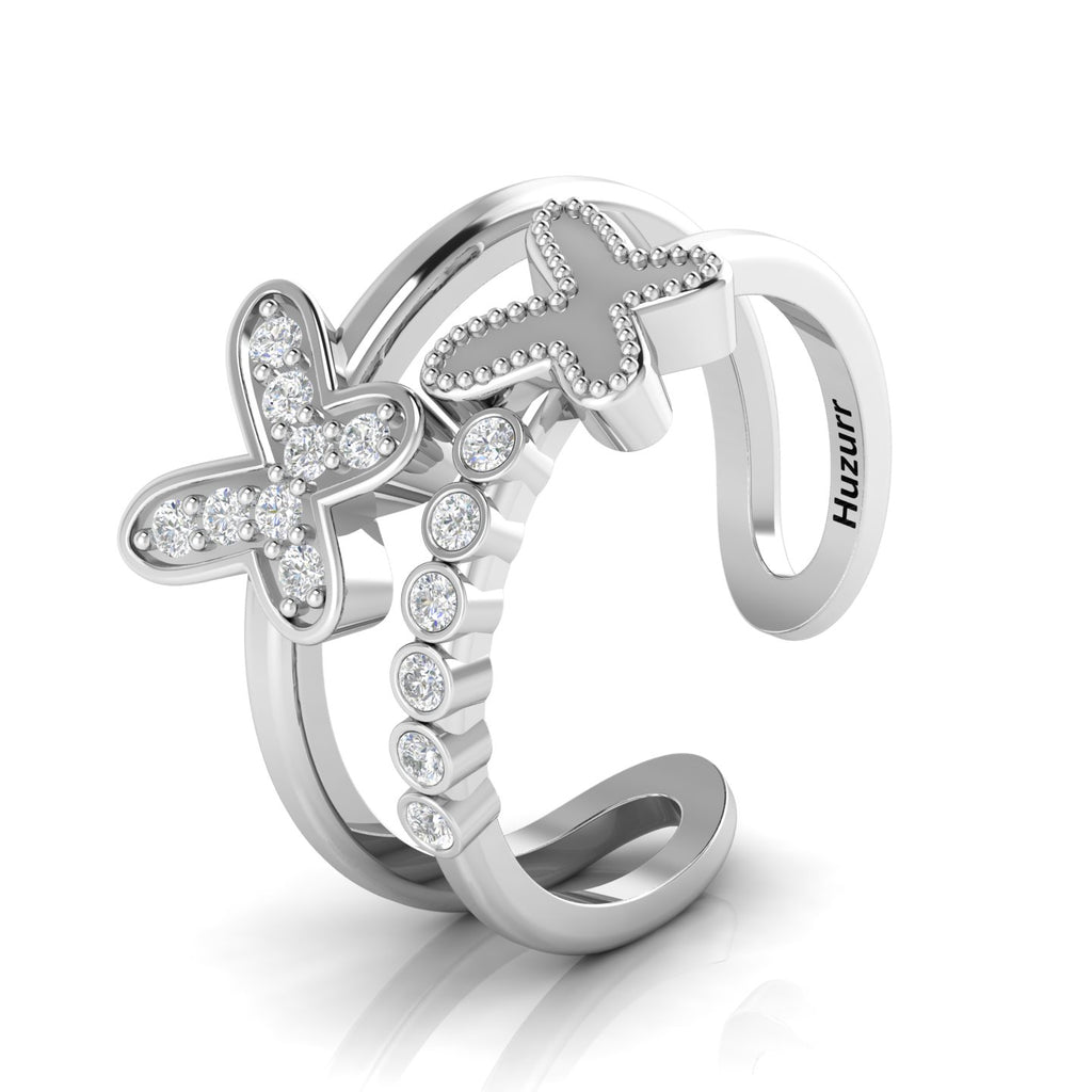 Silver Diamond Double Band Butterfly Adjustable Ring