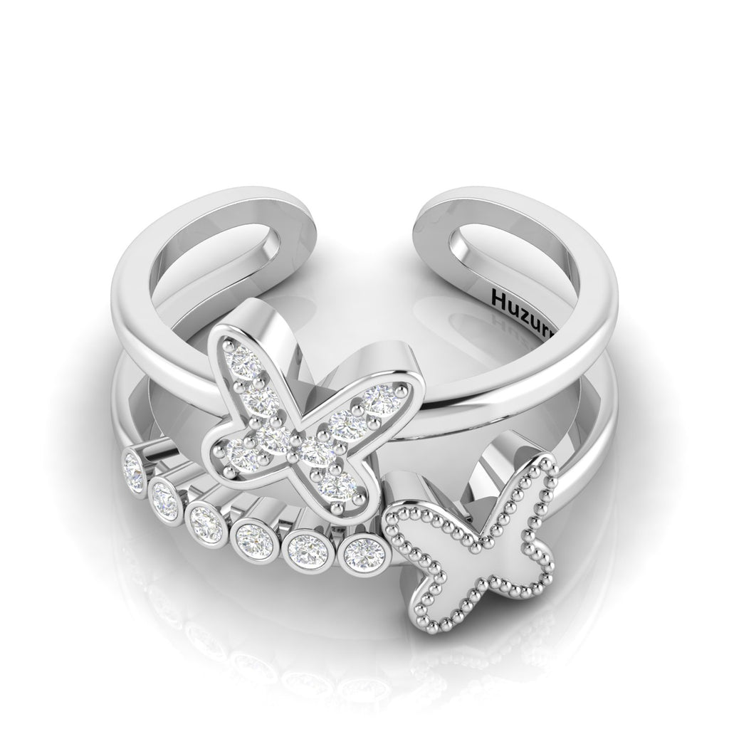 Silver Diamond Double Band Butterfly Adjustable Ring