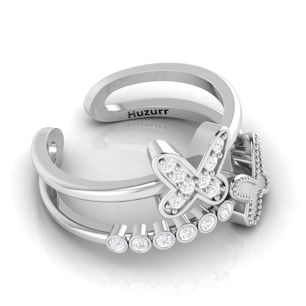 Silver Diamond Double Band Butterfly Adjustable Ring