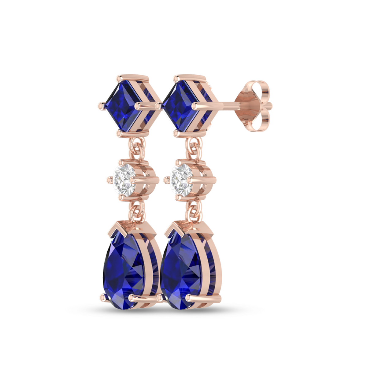 Rose Gold Drop Earrings With Square And Pear Sapphire