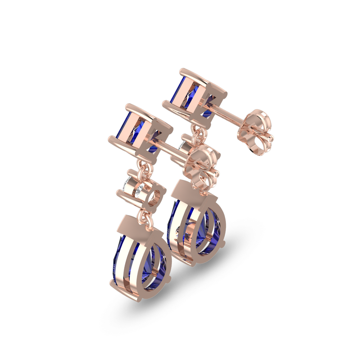 Rose Gold Drop Earrings With Square And Pear Sapphire