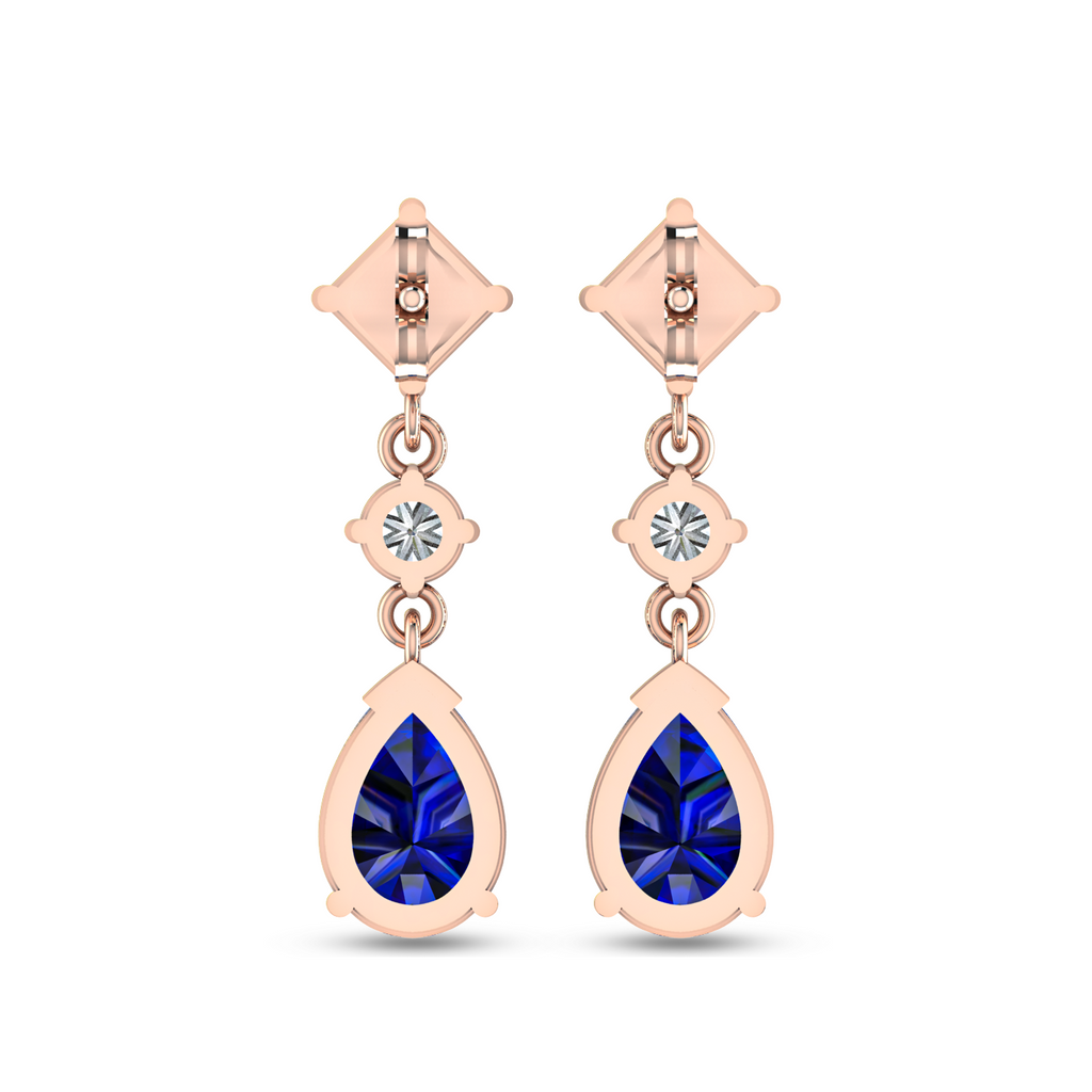 Rose Gold Drop Earrings With Square And Pear Sapphire