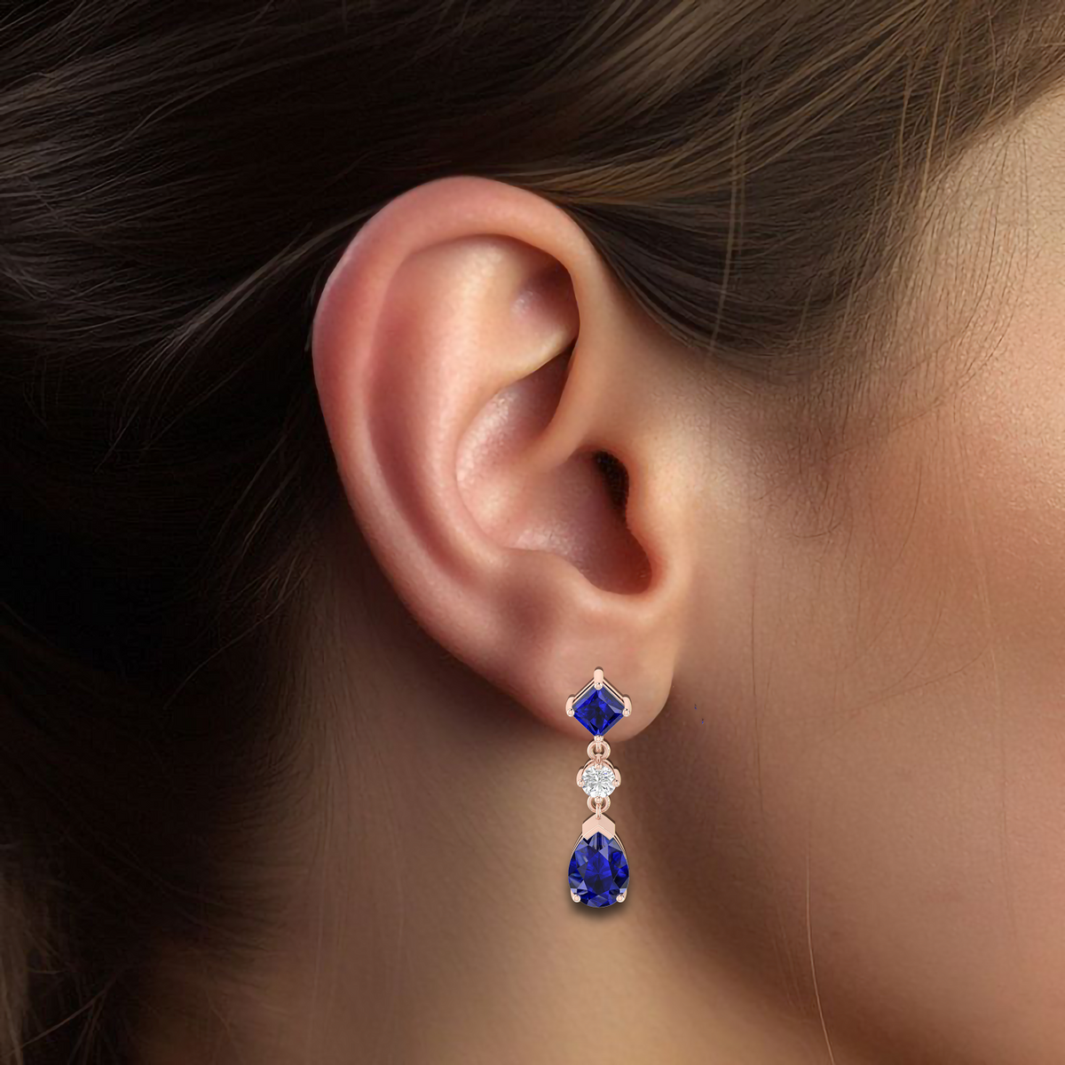 Rose Gold Drop Earrings With Square And Pear Sapphire