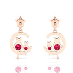 Rose Gold Plated Star Cat On Moon Drop Ruby & Diamond Earrings