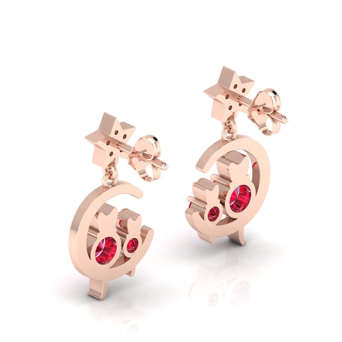 Rose Gold Plated Star Cat On Moon Drop Ruby & Diamond Earrings