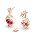 Rose Gold Plated Star Cat On Moon Drop Ruby & Diamond Earrings