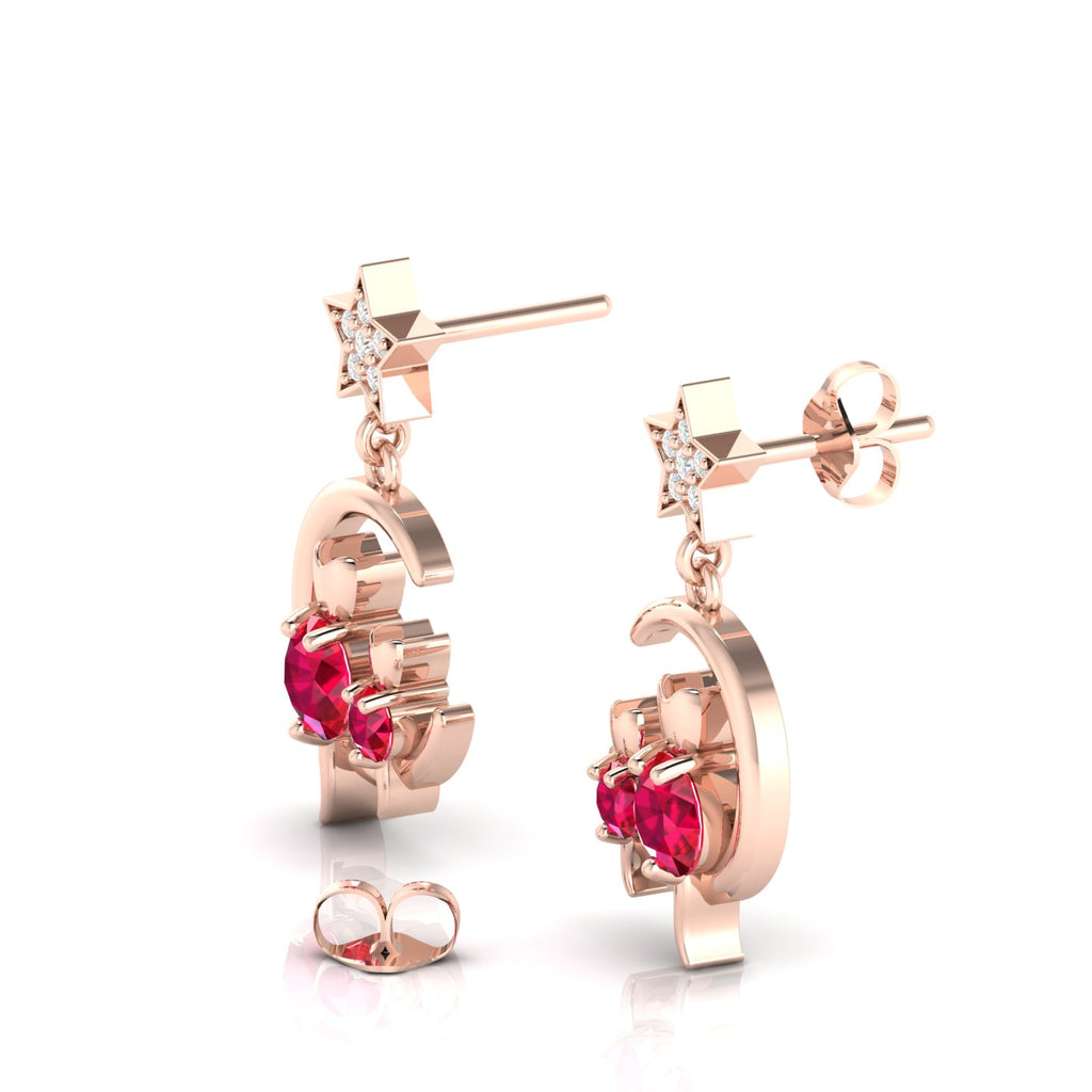 Rose Gold Plated Star Cat On Moon Drop Ruby & Diamond Earrings